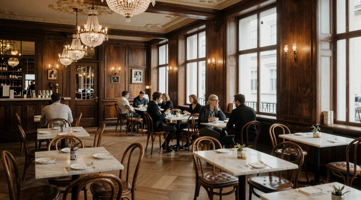 Interior of a traditional Viennese coffeehouse with marble tables and ornate chandeliers, representing the Austrian coffeehouse dating culture