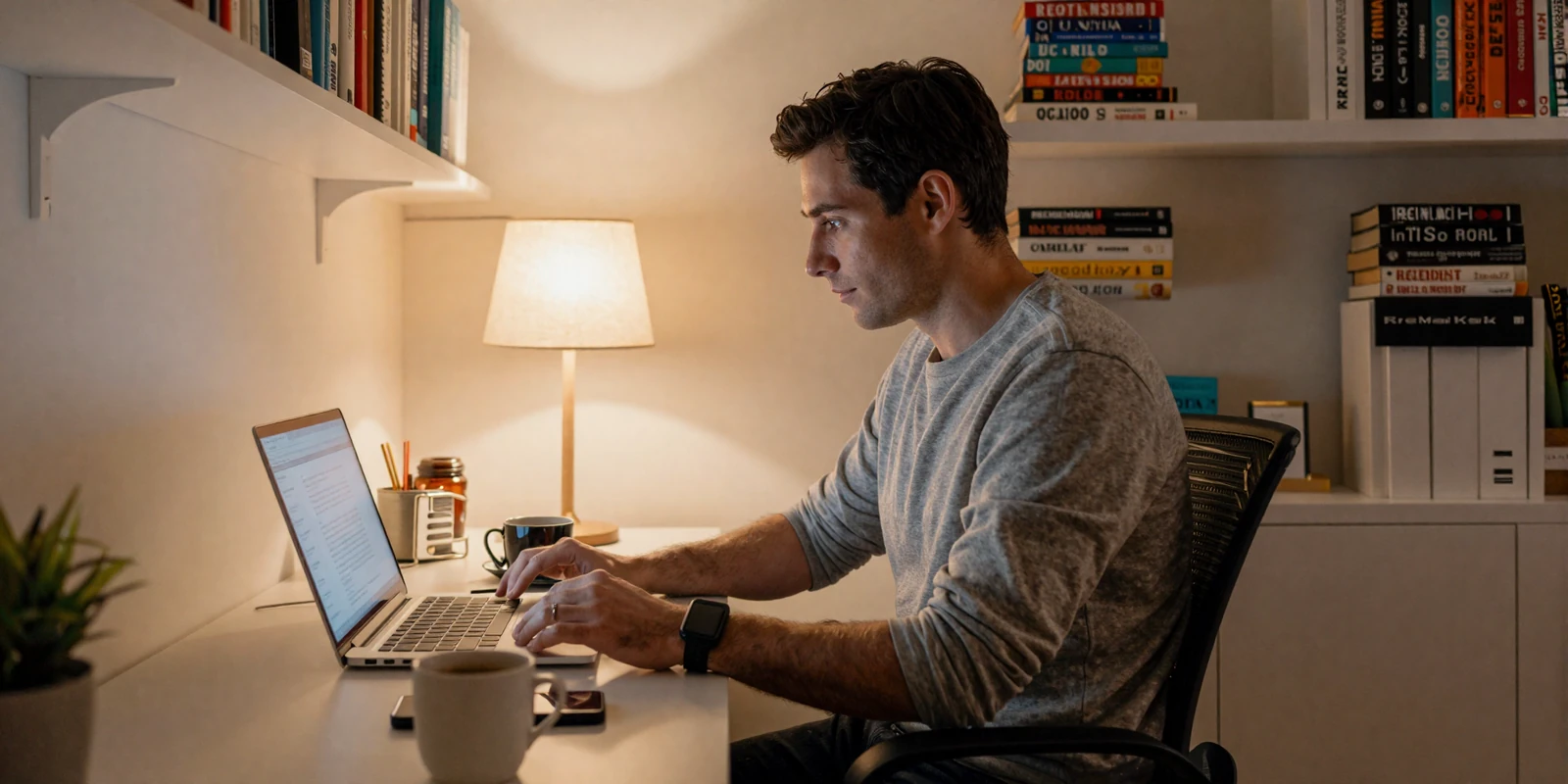 Man writing his dating profile on a laptop in a warm home office with golden lamp light