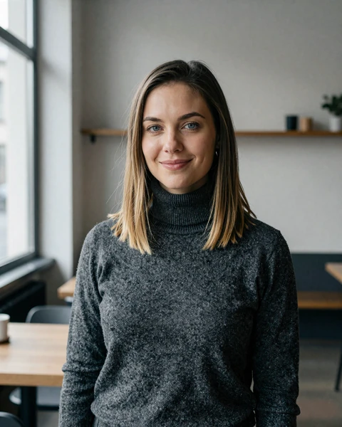 Lena, a German woman in a modern Berlin cafe, representing Deutsche Frauen available for international dating