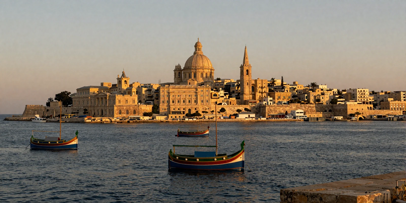 Valletta Grand Harbour at golden hour with honey-colored limestone fortifications and colorful fishing boats on the Mediterranean, representing Maltese dating culture