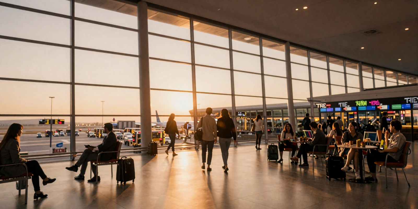 International airport arrivals hall at golden hour evoking romantic reunion atmosphere