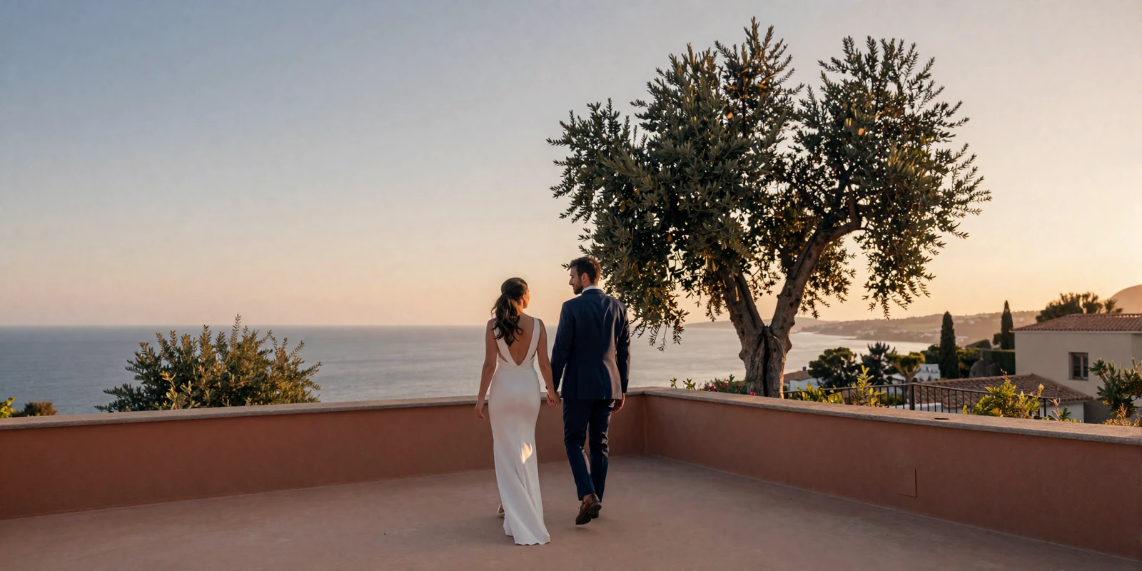Happy international couple walking on a Mediterranean terrace at sunset after their wedding