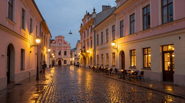 Charming Vilnius Old Town cobblestone street at dusk with warm lantern light, baroque architecture, and outdoor café tables representing the romantic Lithuanian dating scene