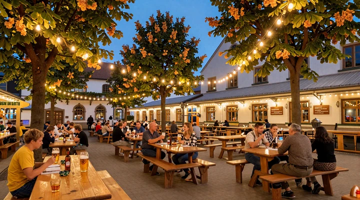 Traditional German biergarten at dusk with warm string lights under chestnut trees, representing the Gemütlichkeit dating culture