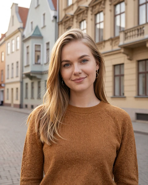 Ilze, a Latvian woman in Riga's Art Nouveau district, representing the elegance and warmth of Latvian singles seeking international romance