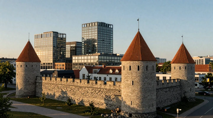 Modern Tallinn showing the contrast between medieval Old Town walls and sleek glass tech buildings representing Estonia's blend of tradition and innovation
