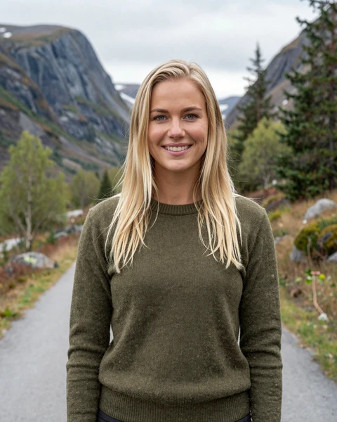 Astrid, a Norwegian woman on a scenic hiking trail with mountains behind her, representing the outdoor-loving nature of Nordic singles