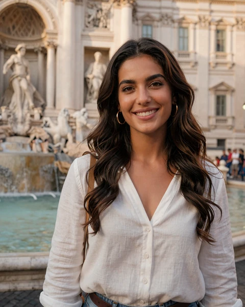 Valentina, an Italian woman in a charming Roman piazza, representing passionate Italian singles available for international dating