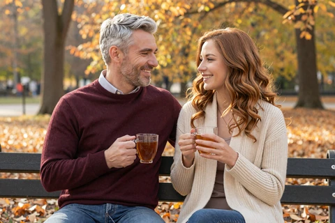William and Margaret sharing tea on an autumn park bench, a Vinoptima Dating love story