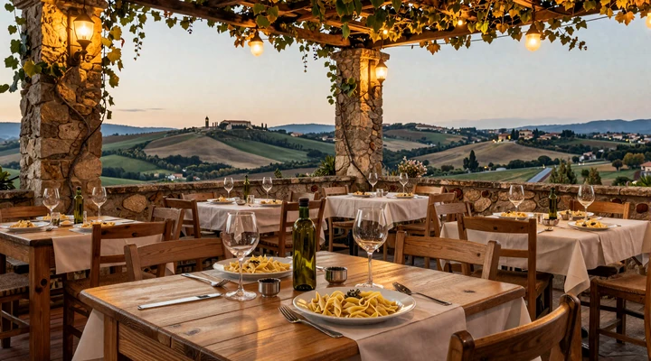 Romantic Italian trattoria terrace at golden hour with pasta and wine, representing the cuisine-centered Italian dating culture