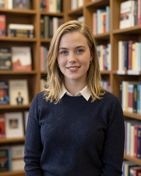 Charlotte, a British woman in a cozy English bookshop, representing UK singles available for international dating