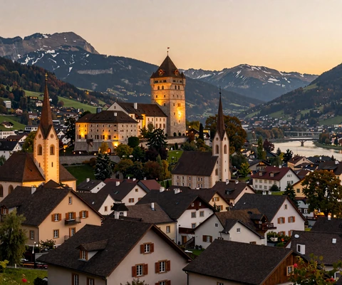 Vaduz Castle illuminated at golden hour above the charming Liechtenstein capital, representing the fairy-tale romance setting