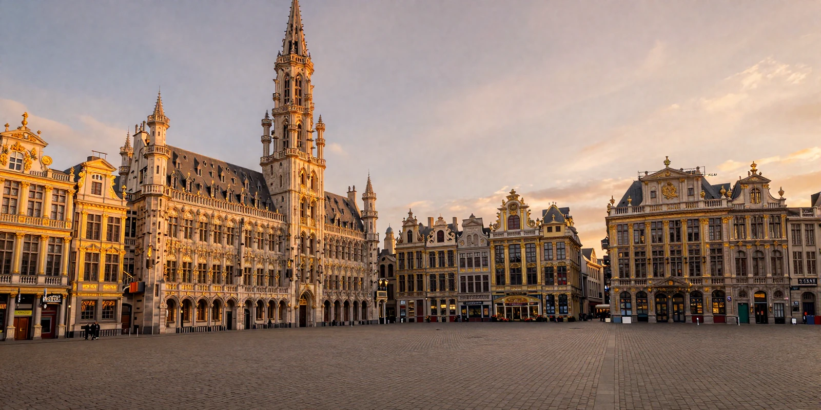 Romantic Brussels Grand Place at golden hour with ornate gilded guild houses, representing Belgian dating culture