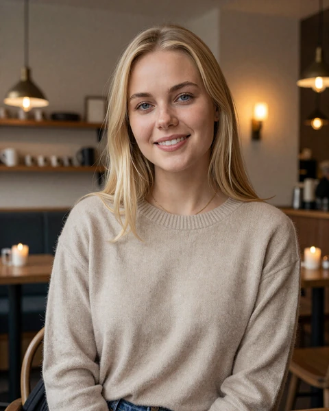 Sofie, a Danish woman enjoying a cozy hygge moment in a Copenhagen café, representing the warm and authentic character of Danish singles seeking international romance