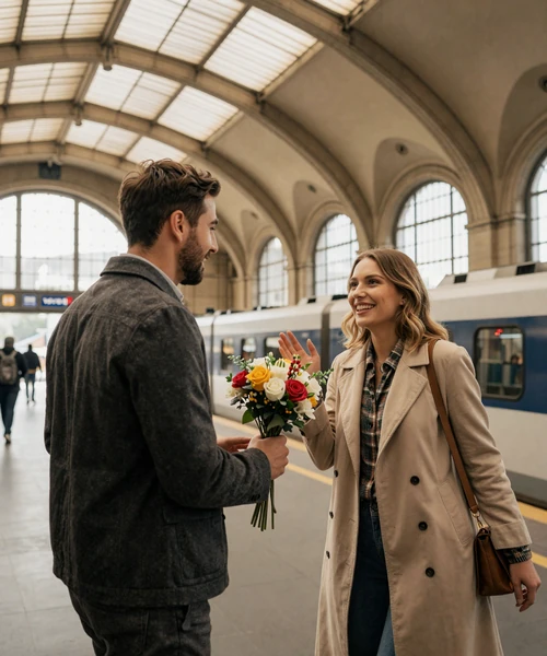 Couple meeting for the first time at a European train station with flowers