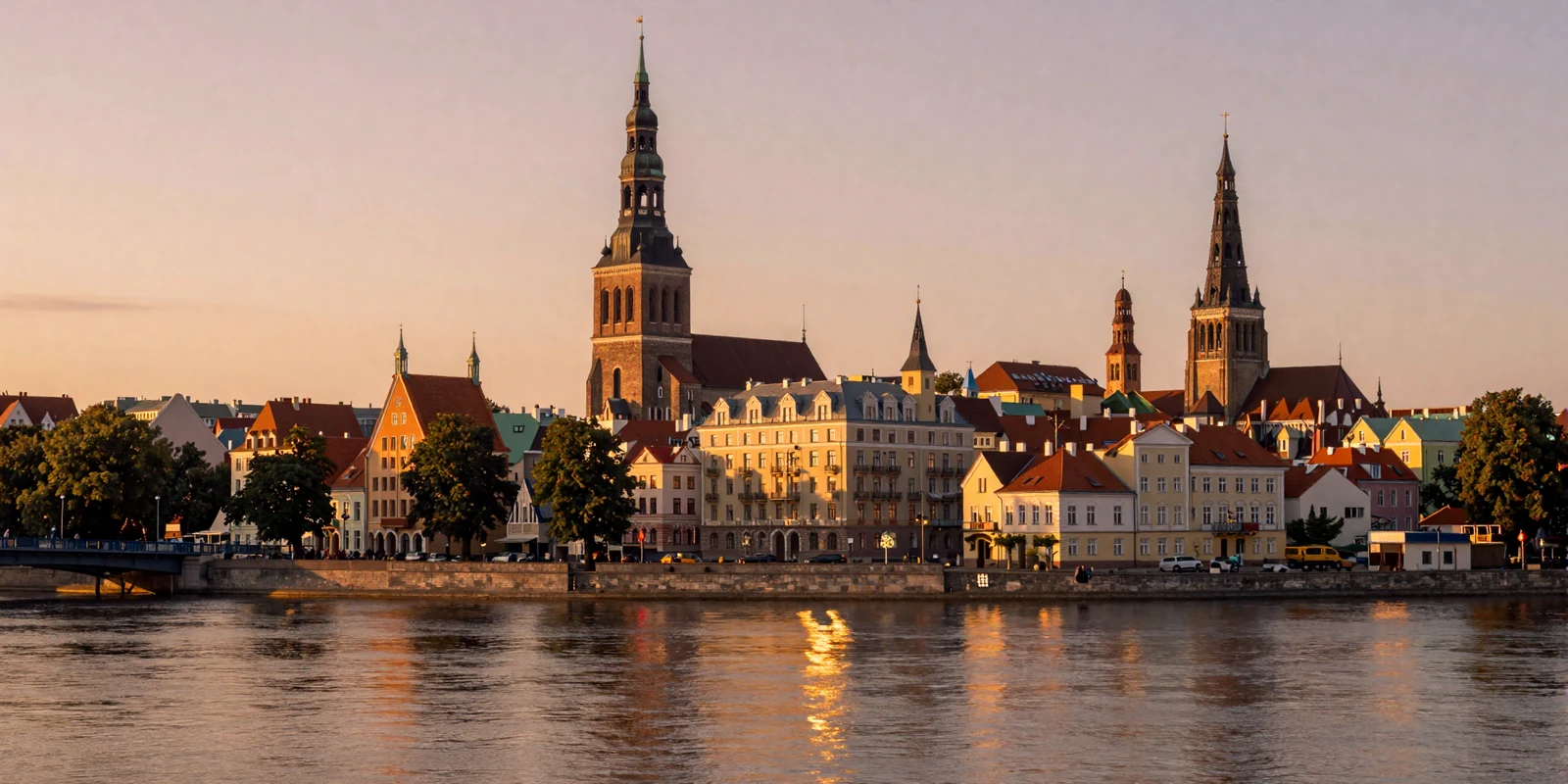 Riga Old Town skyline at golden hour with the Daugava River and Art Nouveau architecture reflecting warm Baltic sunset light