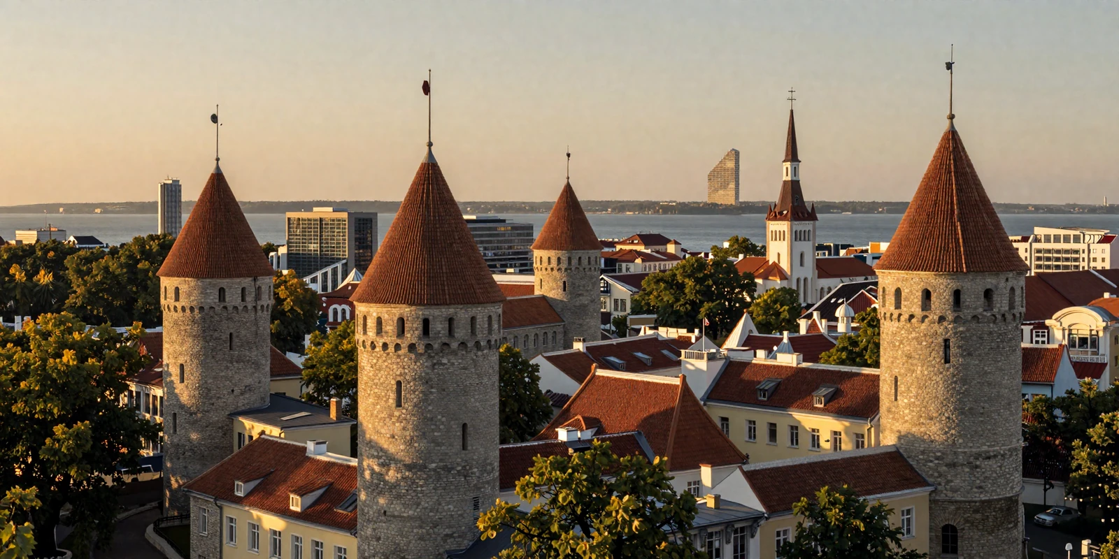 Tallinn Old Town medieval towers and red rooftops contrasted against modern skyline at golden hour with Baltic Sea on horizon