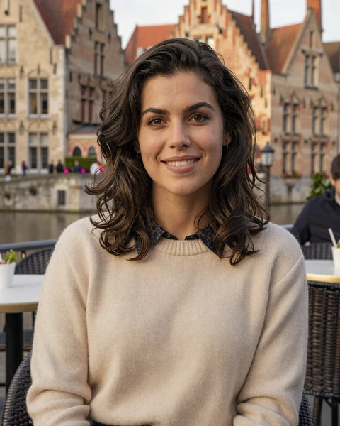 Nathalie, a Belgian woman at an outdoor café in Bruges, representing Belgian singles available for international dating