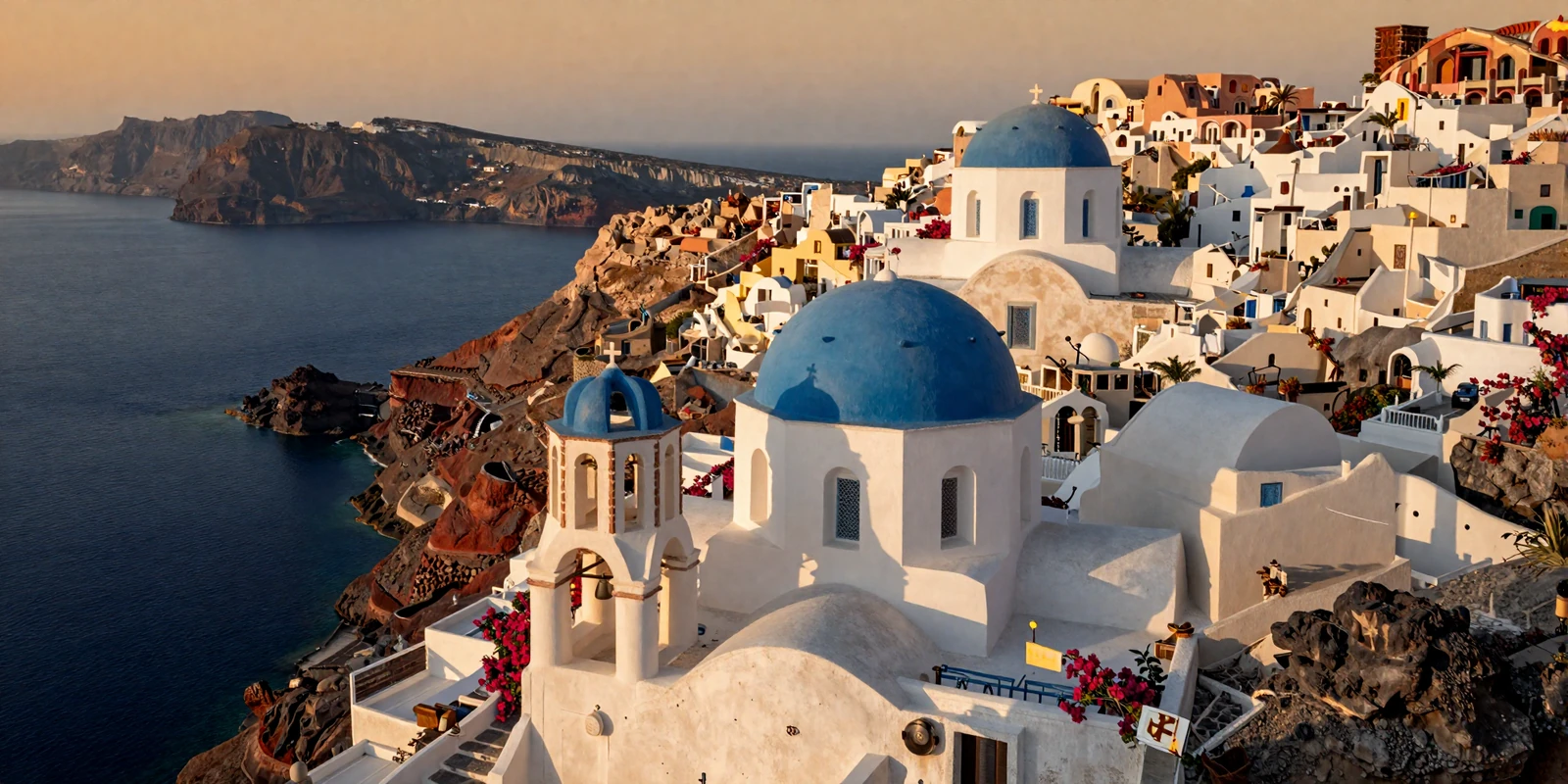 Santorini Greece at golden hour with white-washed buildings and blue domes overlooking the Aegean Sea, representing Greek dating culture