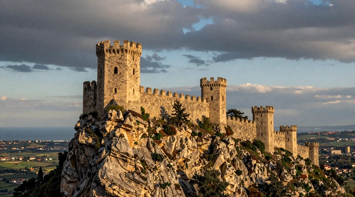 Medieval fortress towers of San Marino on Mount Titano with panoramic views of the Italian countryside and Adriatic Sea, symbolizing the enduring romance of the world's oldest republic