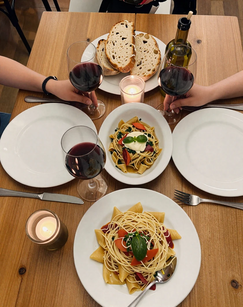 Romantic European dinner table set for two with Mediterranean cuisine, wine, and warm candlelight