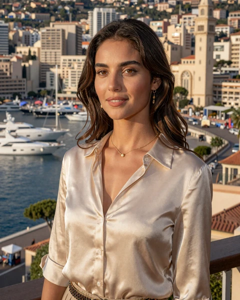 Charlotte, a Monacan woman on a terrace overlooking Monaco harbor, representing sophisticated Riviera singles available for international dating