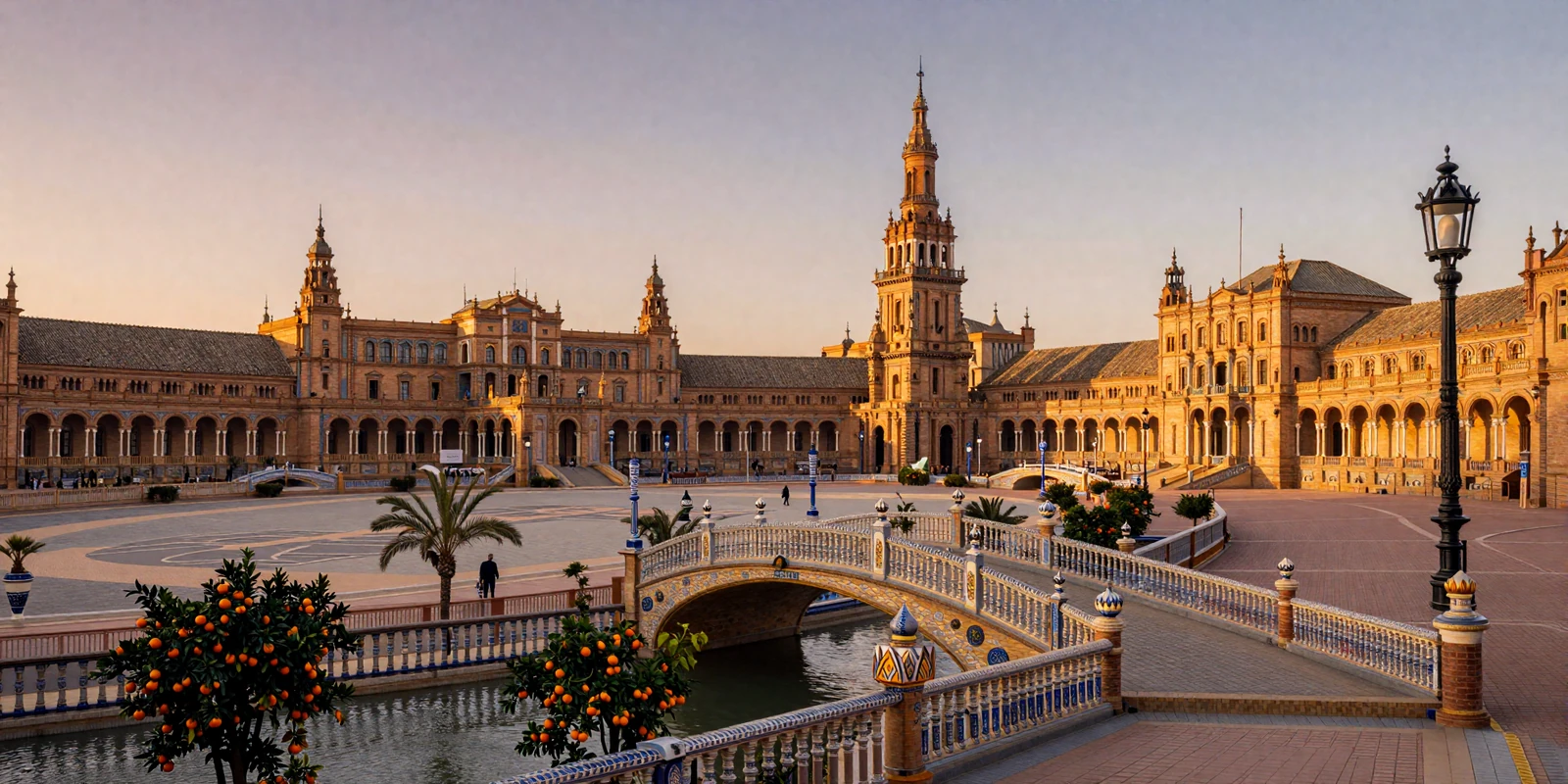 Stunning Plaza de España in Seville at golden hour with terracotta architecture and Mediterranean sunlight, representing Spanish dating culture