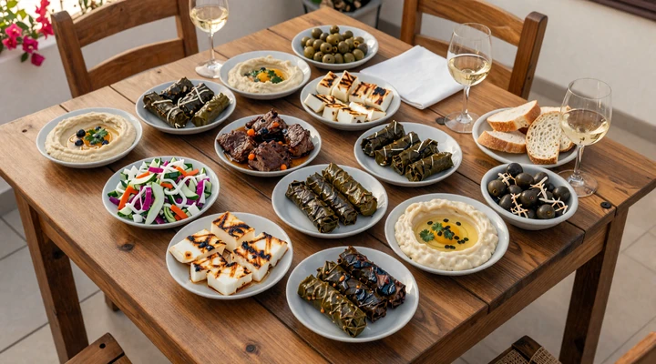 Traditional Cypriot meze spread with halloumi, hummus, village salad, grilled meats, and local wine on a rustic table, representing the cuisine-centered courtship culture of Cyprus dating