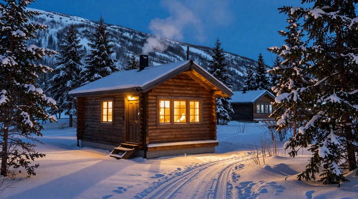 Cozy Norwegian wooden cabin with warm light glowing in winter landscape, representing the romantic koselig dating culture of Norway