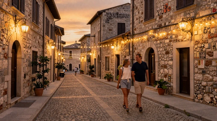 A charming medieval street in San Marino's historic center at dusk with warm lights and evening passeggiata atmosphere, representing the romantic daily life of San Marinese dating