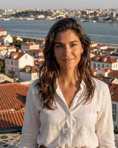 Mariana, a Portuguese woman at a Lisbon miradouro viewpoint with orange rooftops and the Tagus River, representing warm Portuguese singles available for international dating