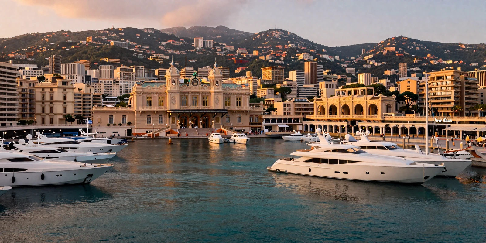 Monaco Monte Carlo harbor at golden hour with luxury yachts and Mediterranean coastline, representing Monacan dating culture