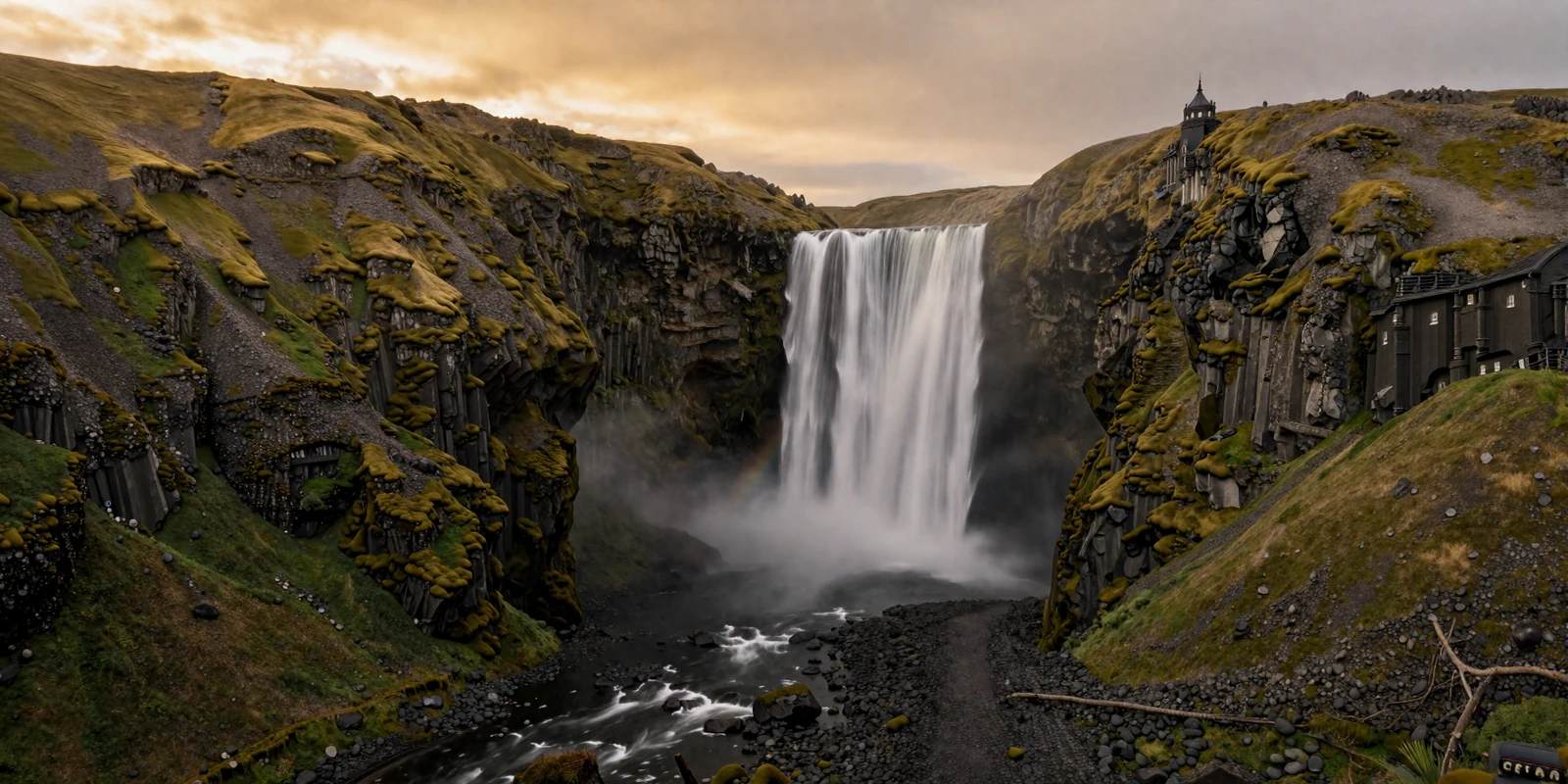 Dramatic Icelandic waterfall landscape surrounded by volcanic basalt columns and green moss at golden hour sunset