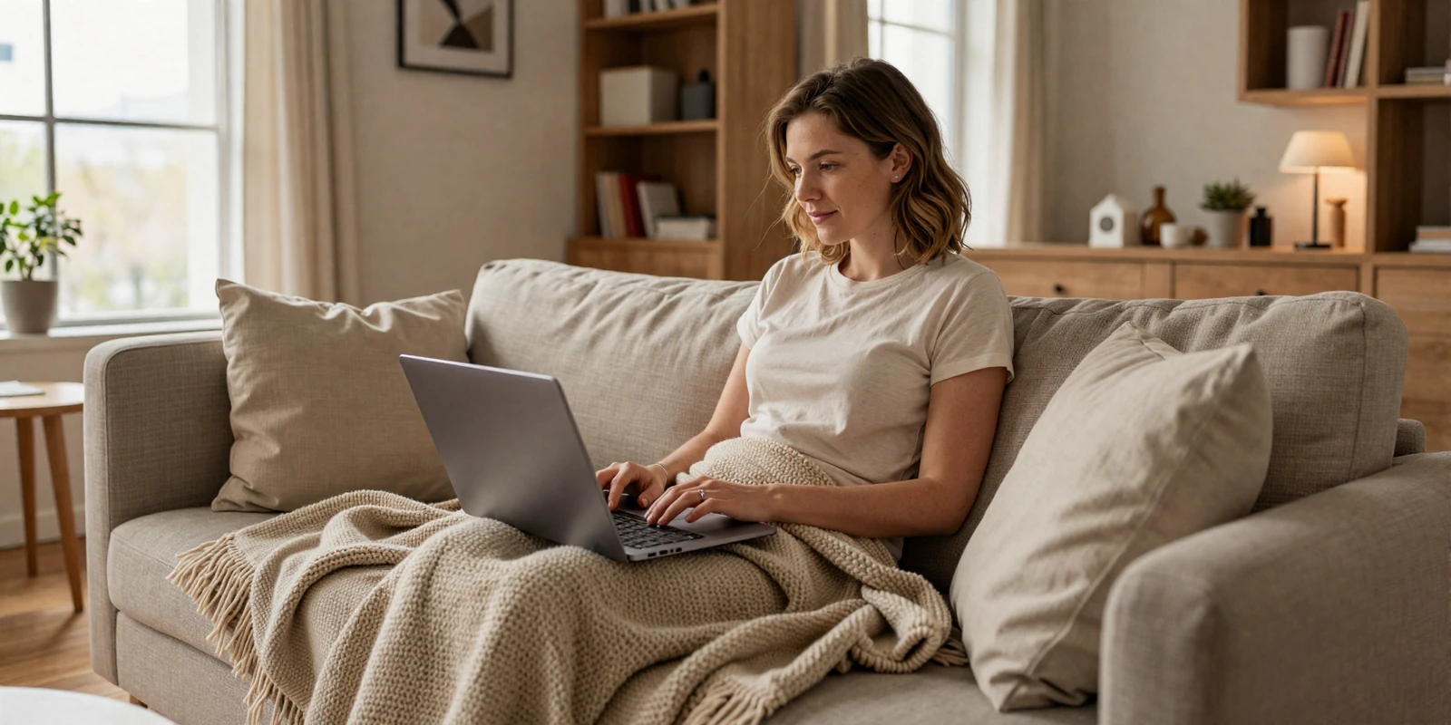 Woman safely using a dating platform from her cozy home setting with warm natural lighting