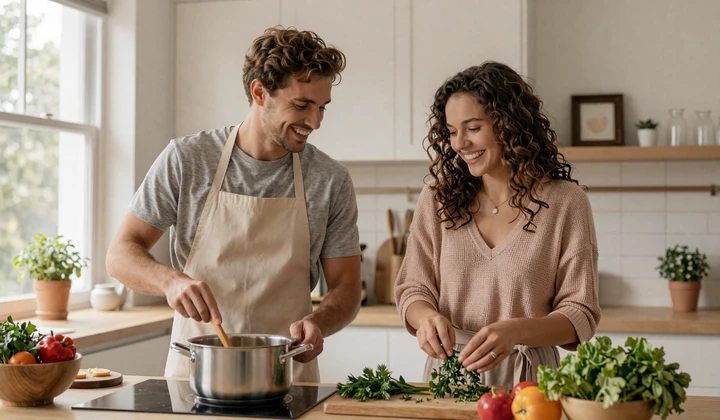 International couple cooking together in their home kitchen, sharing a joyful domestic moment