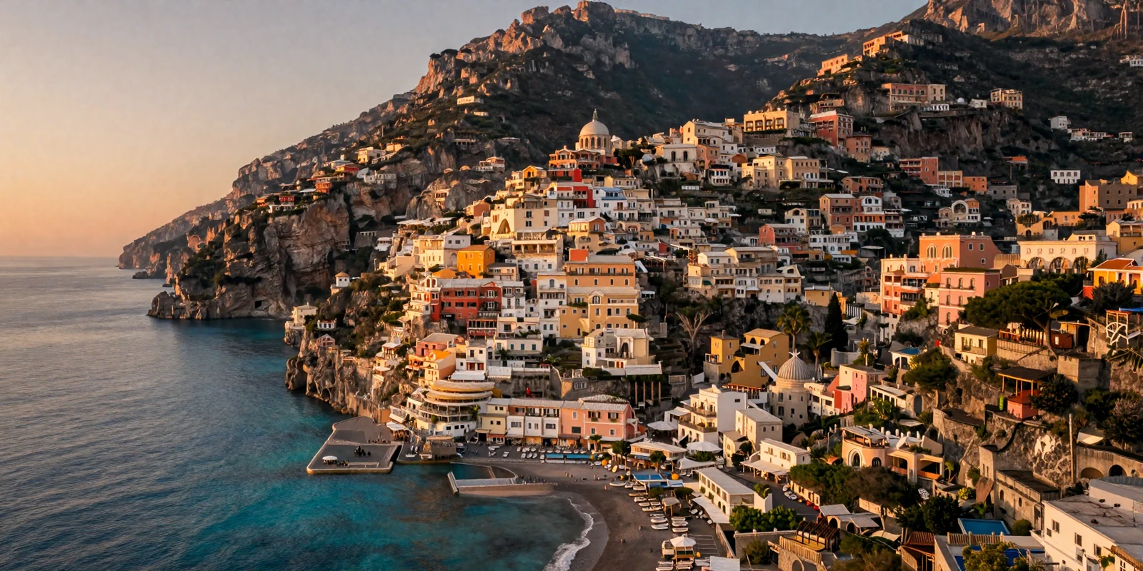 Stunning Amalfi Coast at golden hour with colorful Italian villages overlooking the Mediterranean, representing Italian dating culture