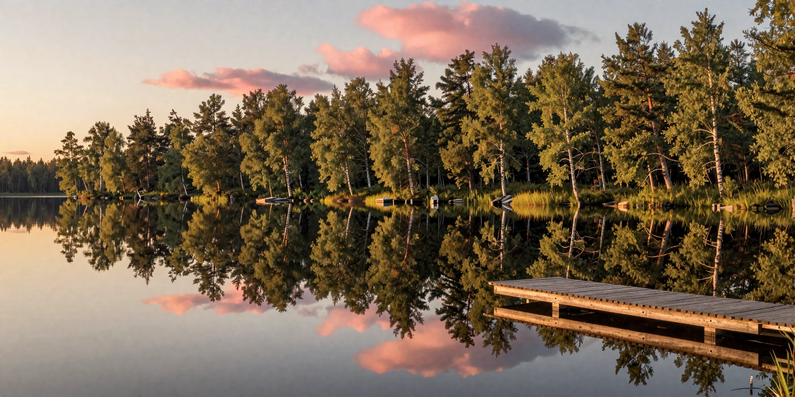 Pristine Finnish lakeland at golden hour with calm water reflecting birch and pine forests under warm sunset light