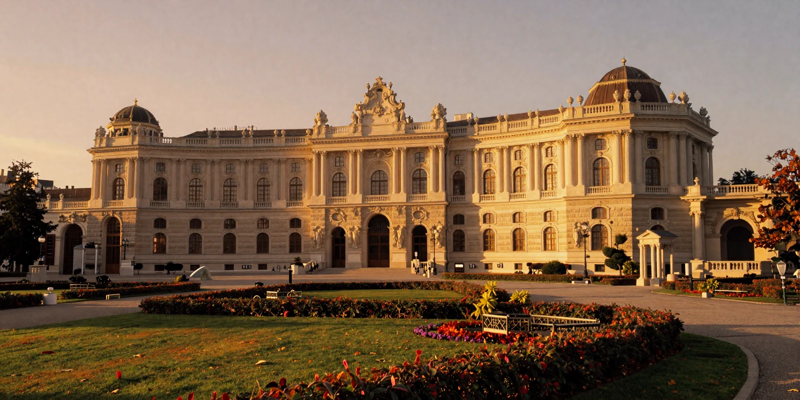 Romantic Vienna palace at golden hour with baroque architecture and autumn gardens, representing Austrian dating culture and Viennese elegance
