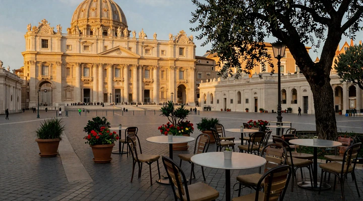 A charming Roman piazza near the Vatican at golden hour with a cafe and Baroque church, representing the romantic atmosphere of faith-centered dating in Rome