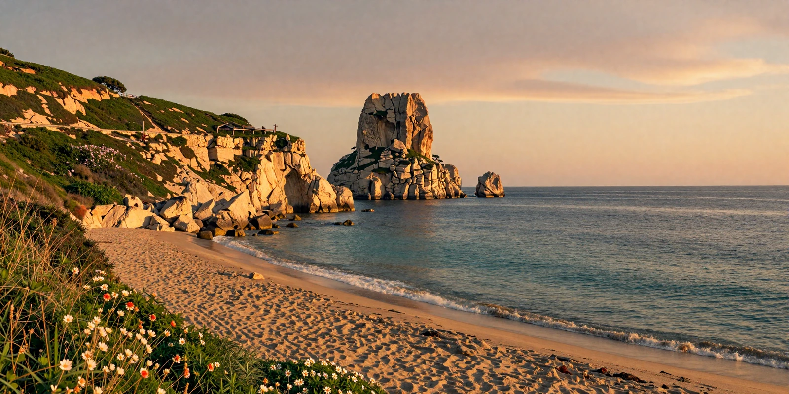 Aphrodite's Rock on the Cyprus coastline at golden hour with turquoise Mediterranean waters and golden sandy beach, representing Cypriot dating culture and romance