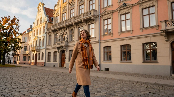 Riga Art Nouveau district with ornate building facades and a stylish Latvian woman walking on cobblestone street representing Baltic elegance