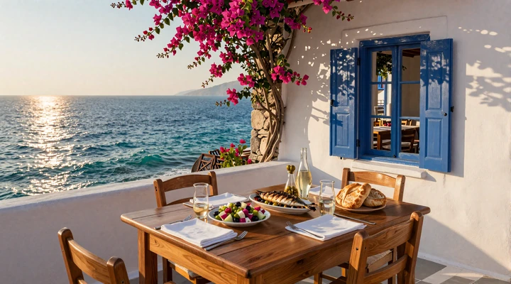Romantic Greek seaside taverna at golden hour with traditional dishes and wine overlooking the sparkling Aegean Sea, representing cuisine-centered Greek dating culture