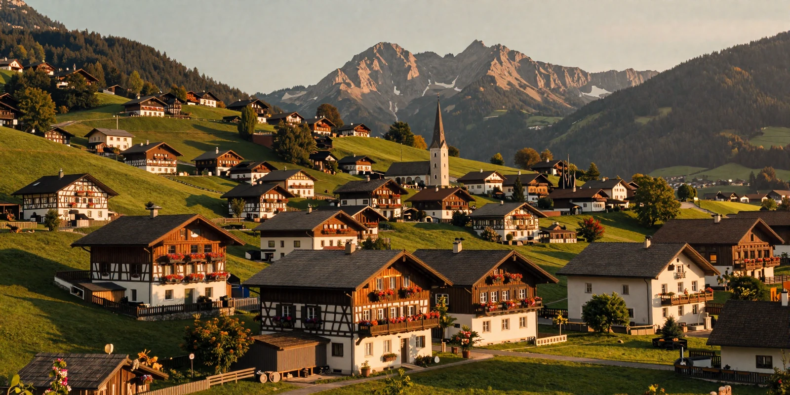 Romantic Bavarian village at golden hour with Alpine foothills in the background, representing German dating culture