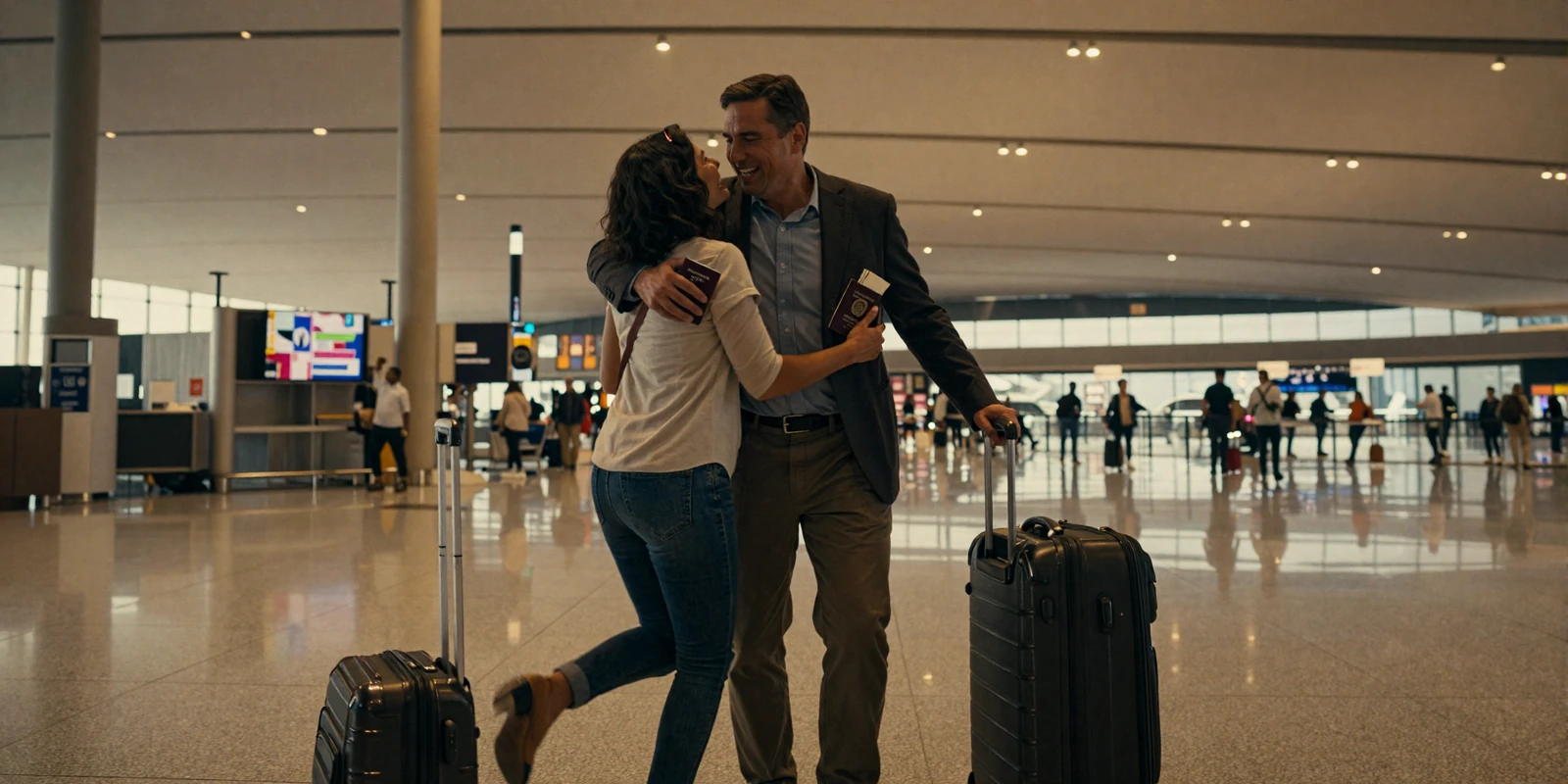Happy international couple reuniting at airport after K-1 fiancée visa approval