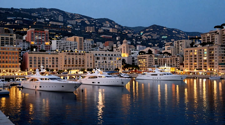 Monaco harbor Port Hercules at dusk with illuminated yachts and Mediterranean reflections, the backdrop for Riviera dating culture