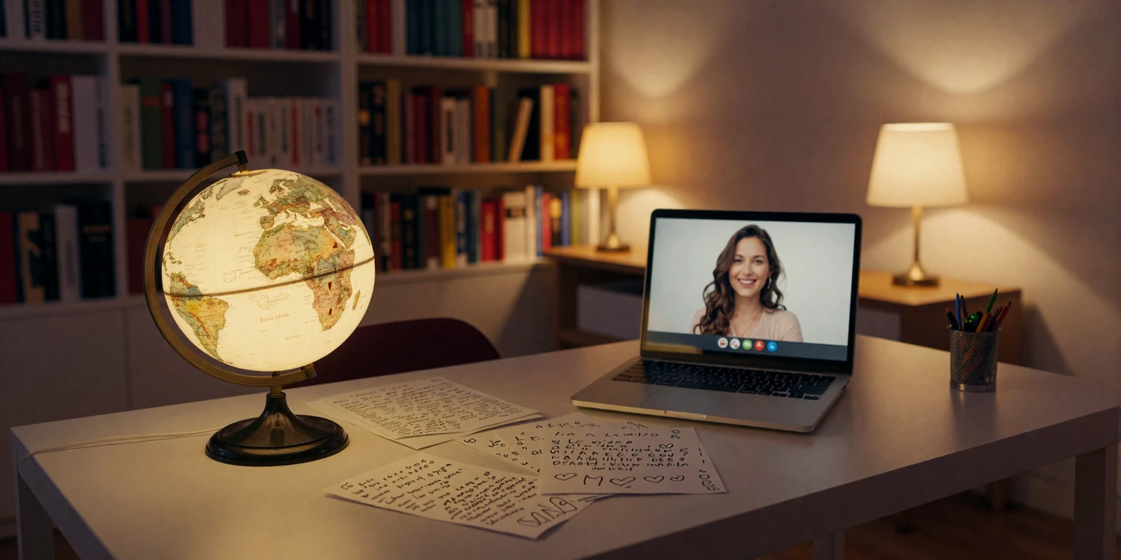 Romantic long-distance relationship concept with globe, love letters, and video call on laptop in warm evening setting