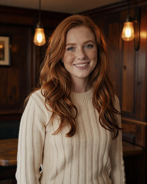 Siobhan, an Irish woman with auburn hair in a cozy traditional Irish pub, representing the warmth and charm of Dublin singles available for international dating