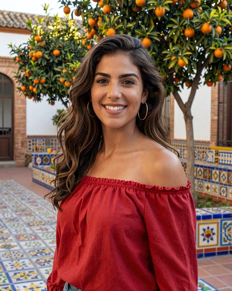Carmen, a Spanish woman in a charming Seville courtyard with orange trees, representing passionate Spanish singles available for international dating