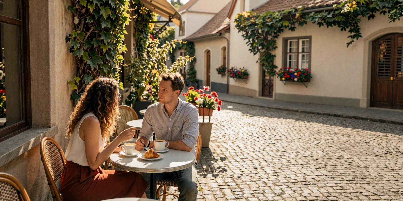 Couple enjoying a romantic first date at an outdoor European café with golden sunlight
